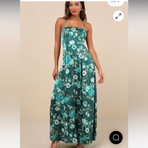 Green Floral Satin Tie-Back Maxi Dress